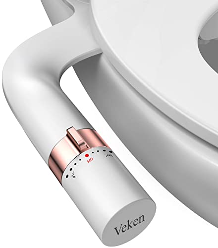 Veken Ultra-Slim Bidet, Non-Electric Dual Nozzle (Feminine/Posterior Wash) Fresh Water Bidet Attachment for Toilet, Adjustable Water Pressure Bidet Toilet Seat with Brass Inlet (Rose Gold and White) - aborderproducts