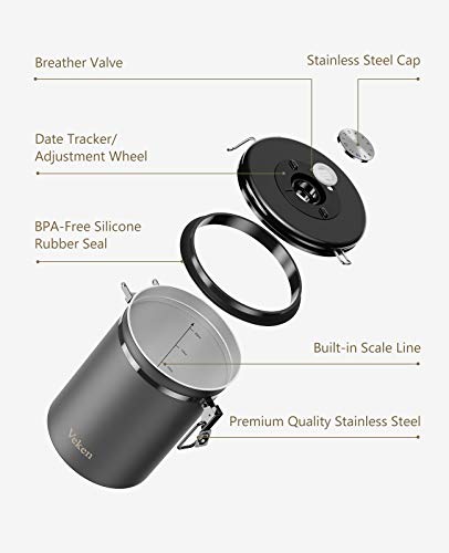 Veken Coffee Canister, 2 Piece Airtight Stainless Steel Coffee Container with Date-Tracker, Measuring Scoop, 8 Extra CO2 Valves & 1 Travel Jar, 22oz+16oz, Grey - aborderproducts