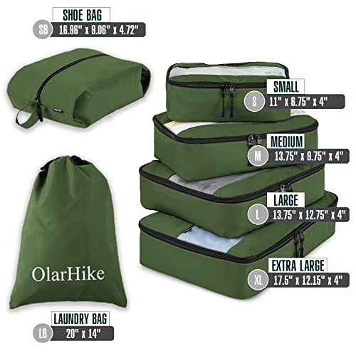 OlarHike Packing Cubes for Suitcases, 6 Set Travel Luggage Organizer Bags, Lightweight 4 Sizes Travel Cubes with Laundry Bag & Shoes Bag (Forest Green) - aborderproducts