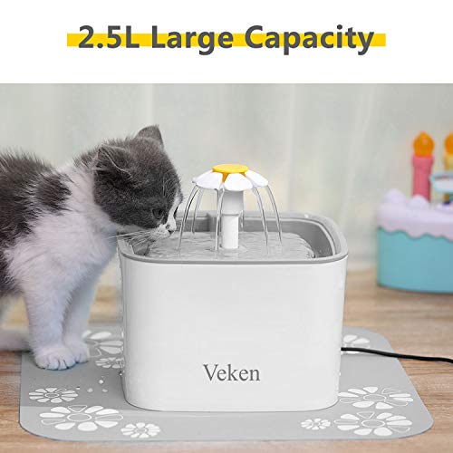 Veken Pet Fountain, 84oz/2.5L Automatic Cat Water Fountain Dog Water Dispenser with 3 Replacement Filters & 1 Silicone Mat for Cats, Dogs, Multiple Pets, Grey - aborderproducts