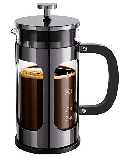 BAYKA French Press Coffee Maker, Glass 304 Stainless Steel Coffee Press, Cold Brew Heat Resistant Thickened Borosilicate Coffee Pot for Camping Travel Gifts, 34 Ounce, Dark Pewter - aborderproducts