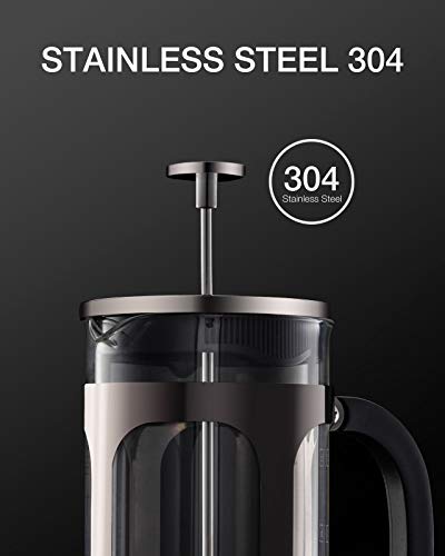 BAYKA French Press Coffee Maker, Glass 304 Stainless Steel Coffee Press, Cold Brew Heat Resistant Thickened Borosilicate Coffee Pot for Camping Travel Gifts, 34 Ounce, Dark Pewter - aborderproducts
