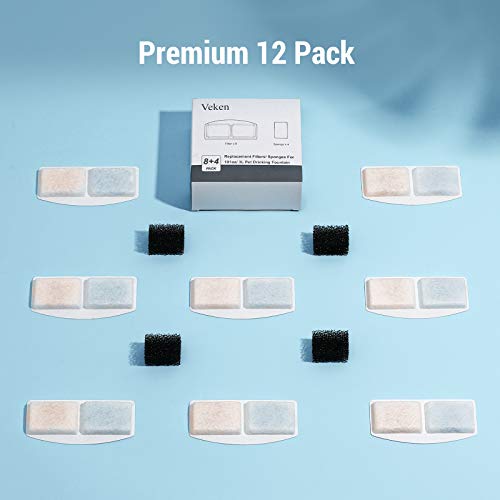 Veken 8 Pack Replacement Filters & 4 Pack Replacement Pre-Filter Sponges for 100oz/3L Automatic Pet Fountain Cat Water Fountain Dog Water Fountain - aborderproducts
