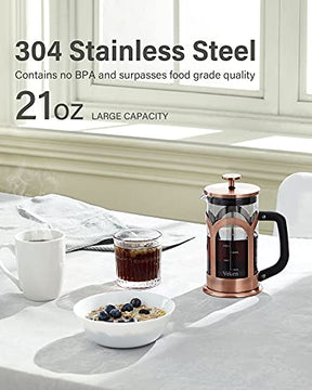 Veken French Press Coffee & Tea Maker, 304 Stainless Steel Heat Resistant Borosilicate Glass Coffee Press, Durable Easy Clean 100% BPA Free, 21oz, Copper - aborderproducts