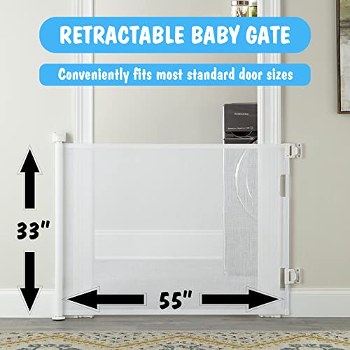 Cumbor Retractable Baby Gate for Stairs, Mesh Dog Gate for The House, Pet Gate 33” Tall Extends to 55”, Wide Safety Gates for Kids or Pets, Child Gate for Doorways, Hallways, Indoor, Outdoor(White) - aborderproducts