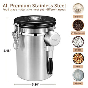 Veken Coffee Canister, Airtight Stainless Steel Kitchen Food Storage Container with Date Tracker and Scoop for Beans, Grounds, Tea, Flour, Cereal, Sugar, 22OZ, Silver - aborderproducts