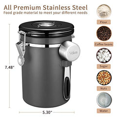 Veken Coffee Canister, Airtight Stainless Steel Kitchen Food Storage Container with Date Tracker and Scoop for Beans, Grounds, Tea, Flour, Cereal, Sugar, 22OZ, Gray - aborderproducts