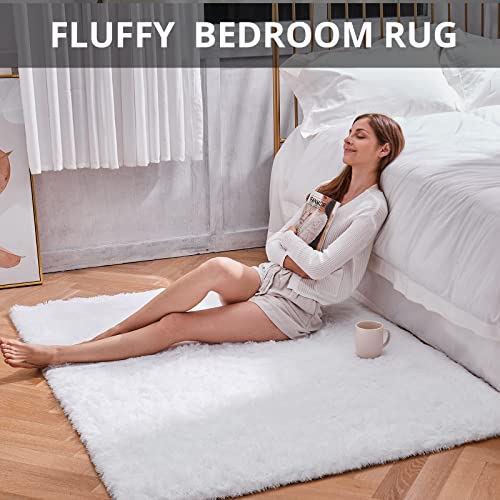 Ophanie White Rugs for Bedroom Fluffy, Fuzzy Shag Plush Soft Shaggy Bedside Area Rug, Indoor Floor Living Room Carpet for Girls Kids Baby Teen Dorm Home Decor Aesthetic, Nursery, 4 x 5.3 Feet - aborderproducts