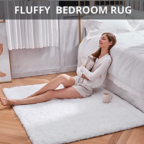 Ophanie White Rugs for Bedroom Fluffy, Fuzzy Shag Plush Soft Shaggy Bedside Area Rug, Indoor Floor Living Room Carpet for Girls Kids Baby Teen Dorm Home Decor Aesthetic, Nursery, 4 x 5.3 Feet - aborderproducts
