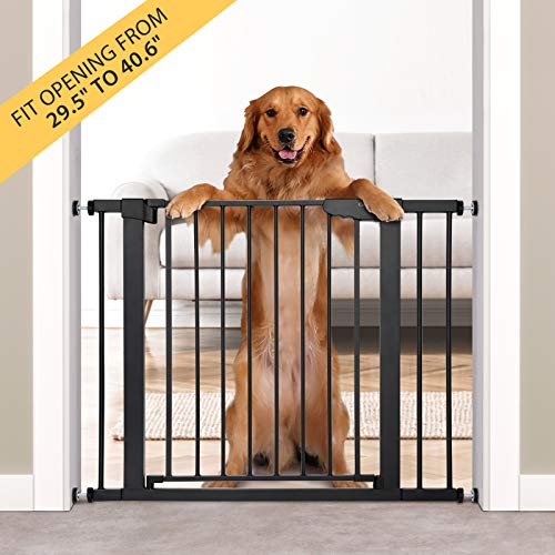 Cumbor 29.5”-40.6” Auto Close Safety Baby Gate, Durable Extra Wide Dog Gate for Stairs,Doorways, Easy Walk Thru Pet Gate for House，Child Gate Includes 4 Wall Cups and Extension,Black - aborderproducts