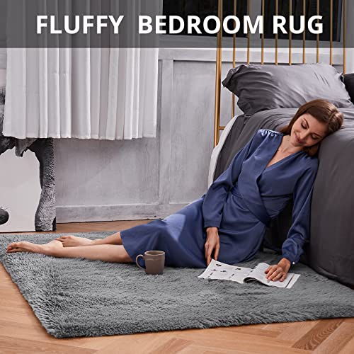 Ophanie Grey Rugs for Bedroom, Fluffy Shag Fuzzy Soft Carpet, Plush Shaggy Bedside Area Rug, Indoor Floor Living Room Carpet for Kids Boys Teen Dorm Home Decor Aesthetic, Nursery, 4 x 5.3 Feet Gray - aborderproducts