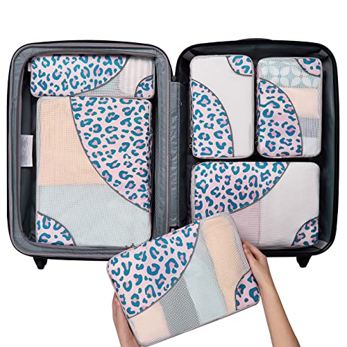 OlarHike 6 Set Packing Cubes for Travel, 4 Various Sizes and 6 Color Options, Luggage Organizer Bags for Travel Accessories, Travel Cubes for Suitcases (Pink Leopard) - aborderproducts