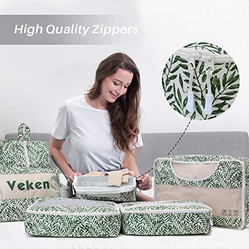 Veken 6 Set Packing Cubes, Travel Luggage Organizers with Laundry Bag Shoe Bag (Green Leaf) - aborderproducts