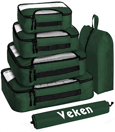 Veken 6 Set Packing Cubes, Travel Luggage Organizers with Laundry Bag & Shoe Bag (Forest Green) - aborderproducts