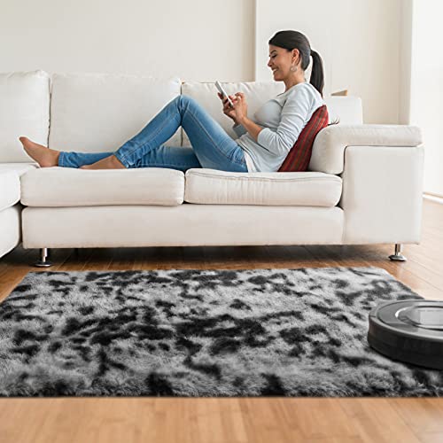 Ophanie Rugs for Bedroom, Fluffy Shag Fuzzy Soft Carpet, Plush Shaggy Bedside Area Rug, Indoor Floor Living Room Carpet for Kids Boys Dorm Home Decor Aesthetic, Nursery, 4 x 5.3 Feet Black and Grey - aborderproducts