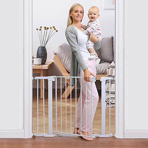 Cumbor 29.5”-40.6” Auto Close Safety Baby Gate, Durable Extra Wide Dog Gate for Stairs,Doorways, Easy Walk Thru Pet Gate for House，Child Gate Includes 4 Wall Cups and Extension, White - aborderproducts