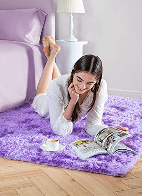Veken Fluffy Shag Area Rugs for Living Room Bedroom Home Decor Nursery, Indoor Carpets for Girls Boys Kids Room 4x5.3 Feet, Tie-Dyed Purple - aborderproducts
