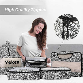 Veken 6 Set Packing Cubes, Travel Luggage Organizers with Laundry Bag & Shoe Bag (Black Leaf) - aborderproducts