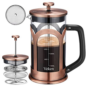 Veken French Press Coffee & Tea Maker, 304 Stainless Steel Heat Resistant Borosilicate Glass Coffee Press, Durable Easy Clean 100% BPA Free, 21oz, Copper - aborderproducts