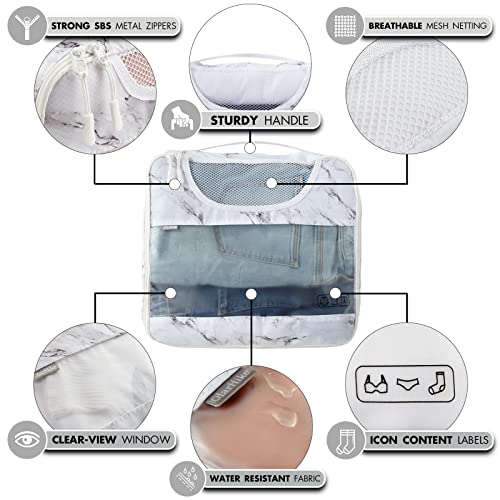 OlarHike Packing Cubes for Suitcases, 6 Set Travel Luggage Organizer Bags, Lightweight 4 Sizes Travel Cubes with Laundry Bag & Shoes Bag (White Marble) - aborderproducts