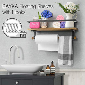BAYKA Floating Shelves for Coffee Bar Accessories, Wood Wall Mounted Rustic Floating Shelves for Home Storage, Over The Toilet Hanging Shelf with Hooks and Towel Bar - aborderproducts