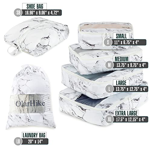 OlarHike Packing Cubes for Suitcases, 6 Set Travel Luggage Organizer Bags, Lightweight 4 Sizes Travel Cubes with Laundry Bag & Shoes Bag (White Marble) - aborderproducts