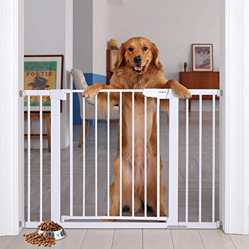 Cumbor 29.5-46" Auto Close Safety Baby Gate, Extra Tall and Wide Child Gate, Easy Walk Thru Durability Dog Gate for House, Stairs, Doorways. Includes 4 Wall Cups and 2 Extension Pieces, White - aborderproducts