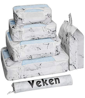 Veken 6 Set Packing Cubes, Travel Luggage Organizers with Laundry Bag Shoe Bag (White Mable) - aborderproducts
