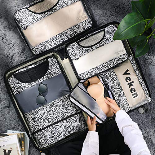 Veken 6 Set Packing Cubes, Travel Luggage Organizers with Laundry Bag & Shoe Bag (Black Leaf) - aborderproducts